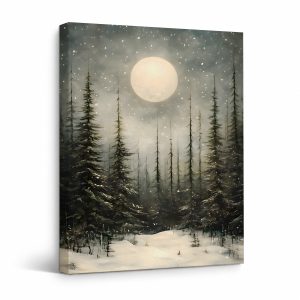 Snowy Moonlit Forest Framed Canvas Wall Art - Ready to Hang