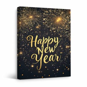 Golden Fireworks Happy New Year Framed Canvas Wall Art