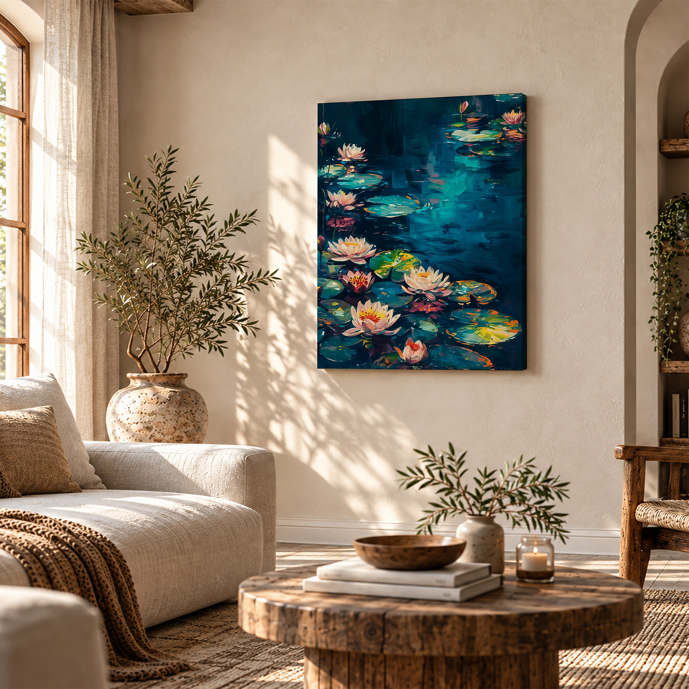 Moonlit Water Lily Pond Framed Canvas Wall Art - Image 4