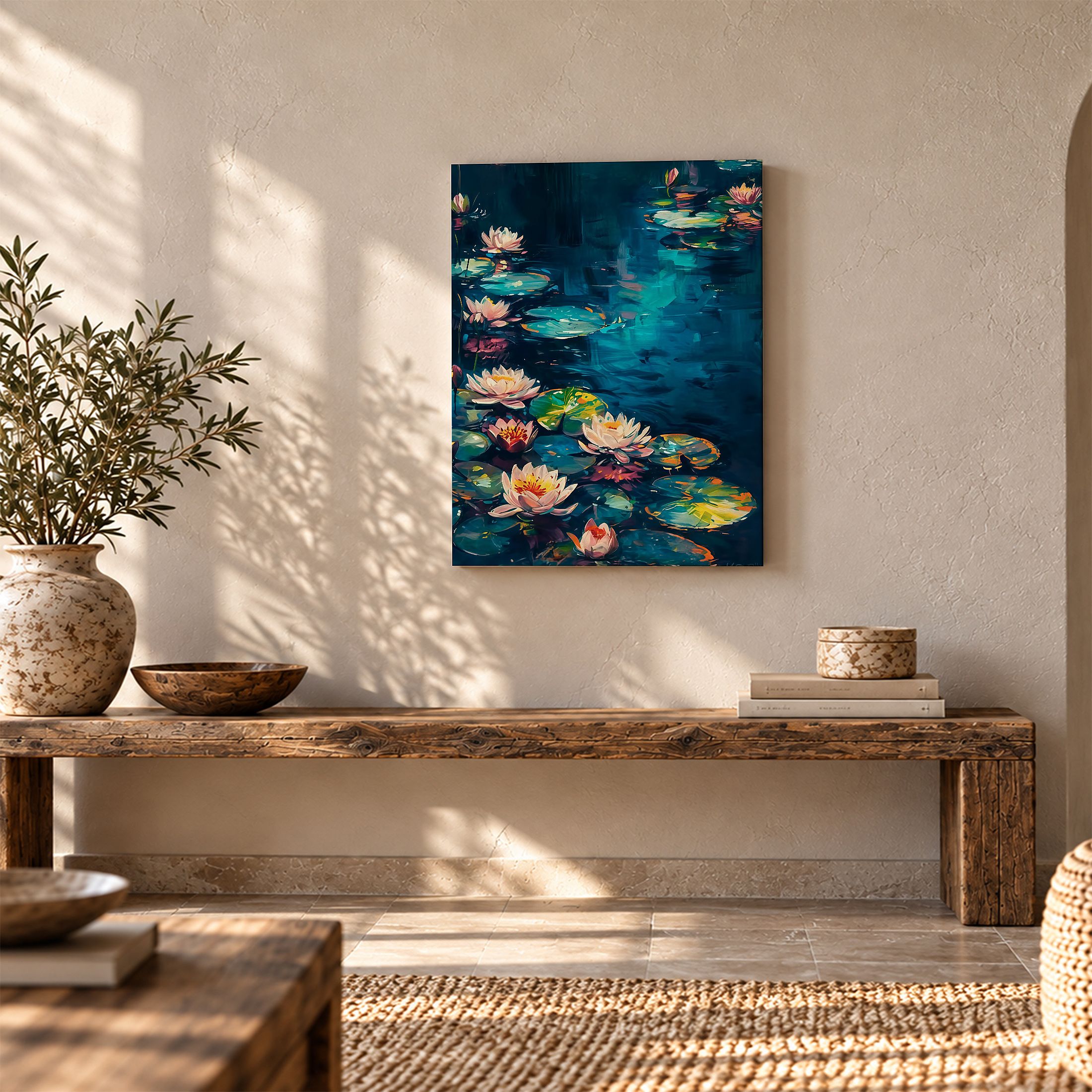 Moonlit Water Lily Pond Framed Canvas Wall Art - Image 5