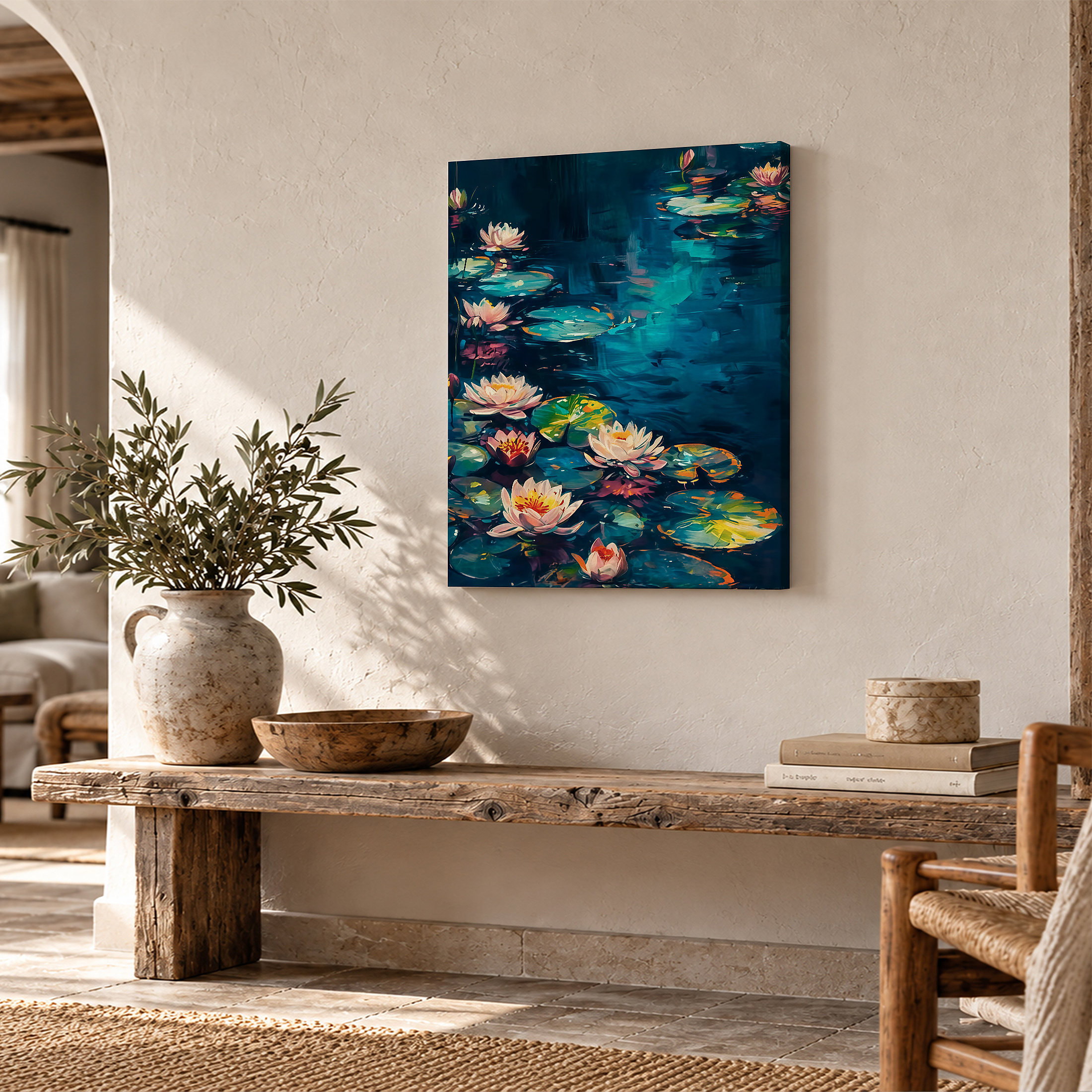 Moonlit Water Lily Pond Framed Canvas Wall Art - Image 2