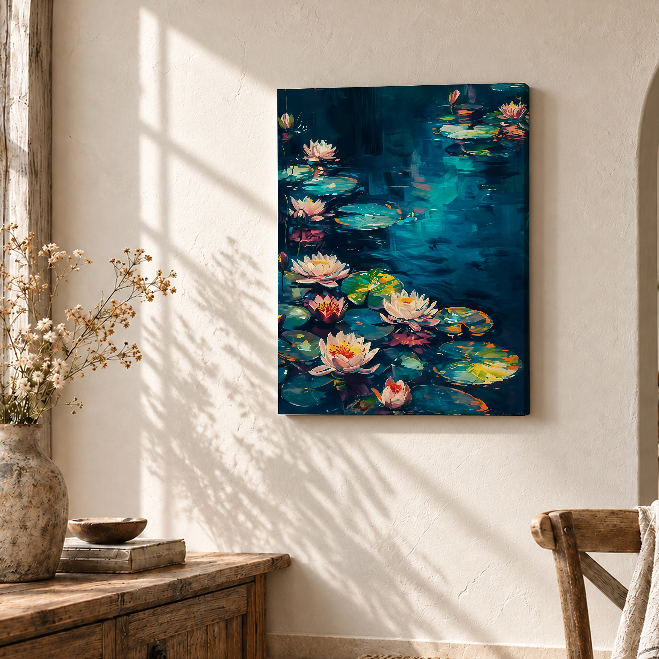 Moonlit Water Lily Pond Framed Canvas Wall Art - Image 3
