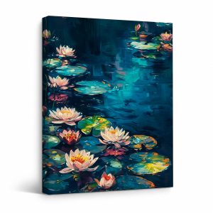Moonlit Water Lily Pond Framed Canvas Wall Art