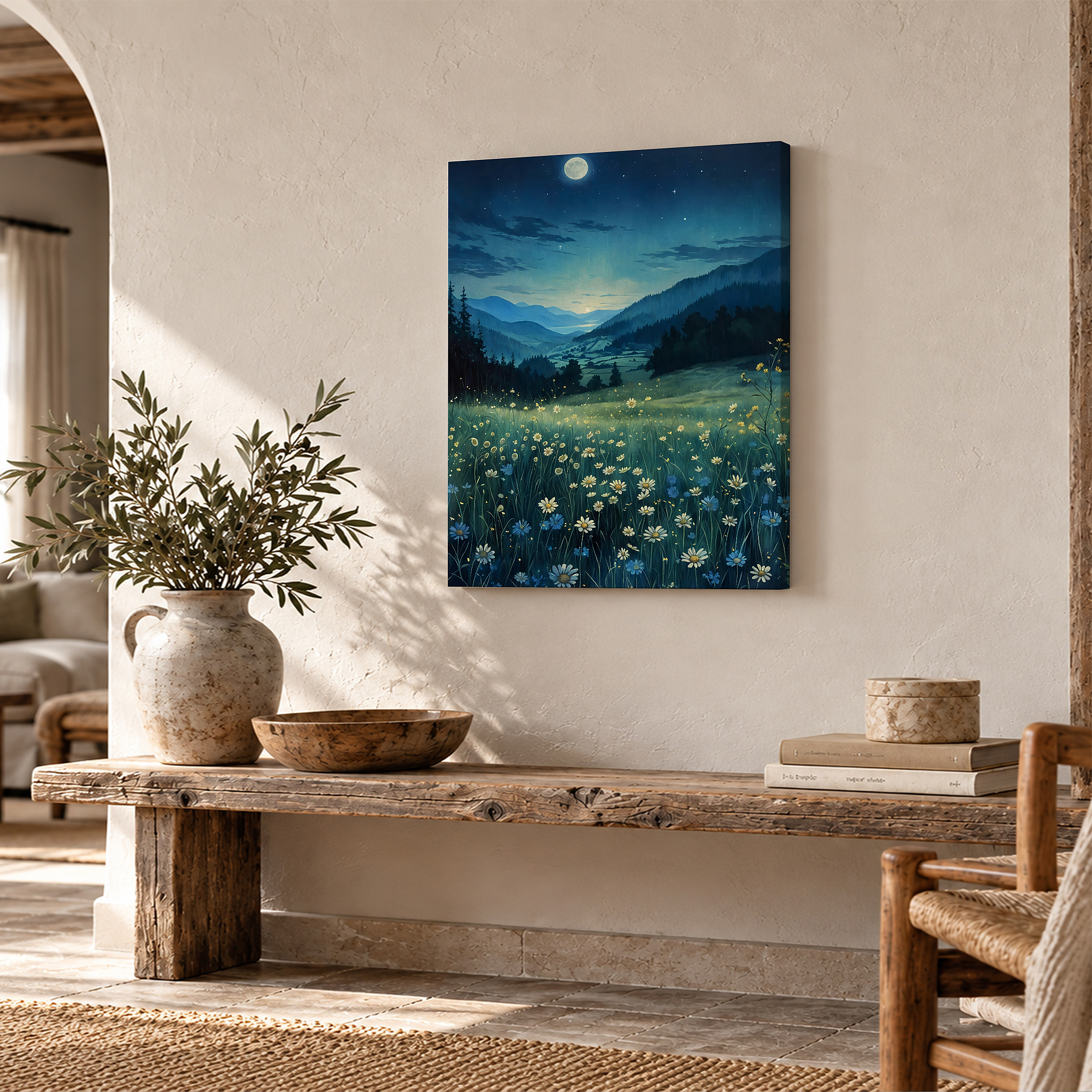Moonlit Mountain Meadow Framed Canvas Wall Art - Ready to Hang - Image 2