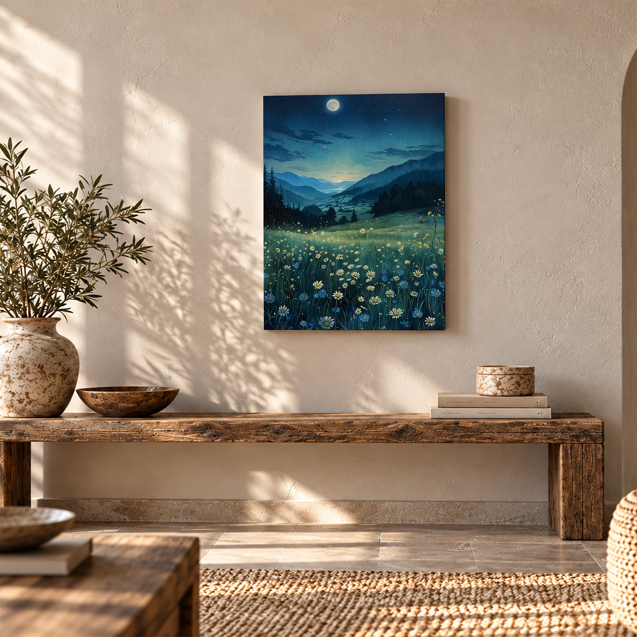 Moonlit Mountain Meadow Framed Canvas Wall Art - Ready to Hang - Image 5