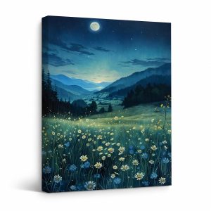 Moonlit Mountain Meadow Framed Canvas Wall Art - Ready to Hang