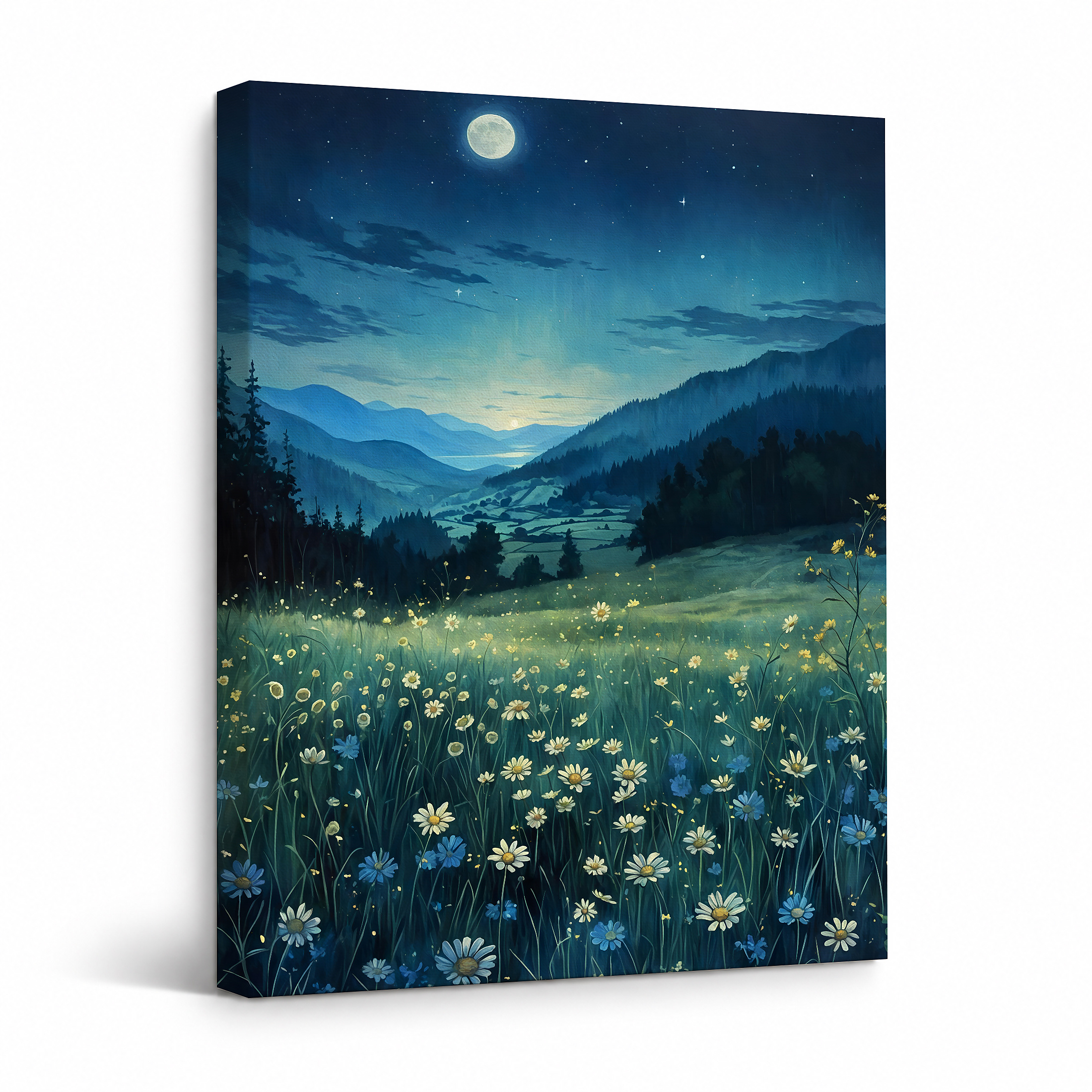 Moonlit Mountain Meadow Framed Canvas Wall Art - Ready to Hang