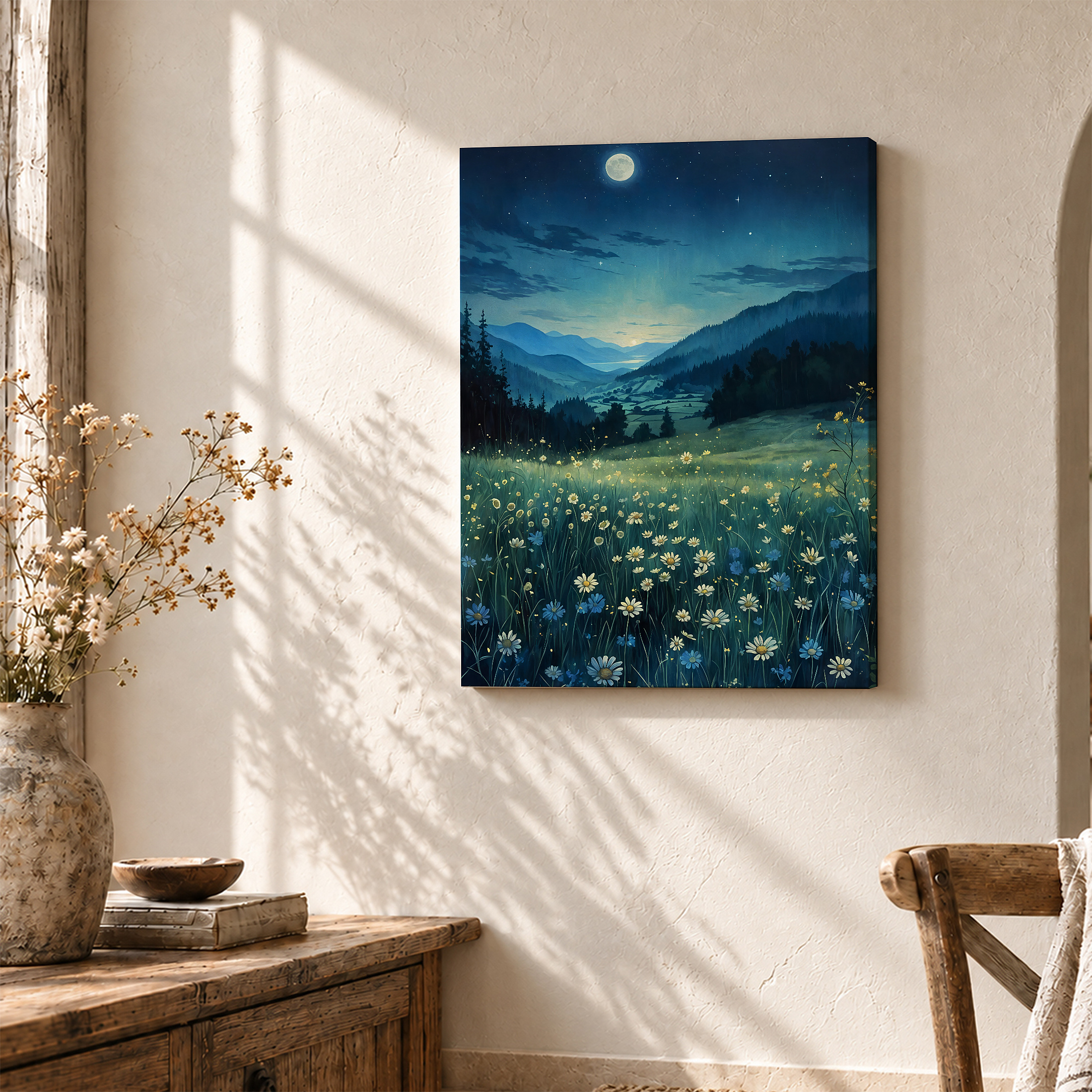 Moonlit Mountain Meadow Framed Canvas Wall Art - Ready to Hang - Image 3