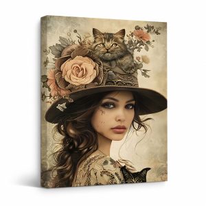 Vintage Floral Hat with Cat Framed Canvas Wall Art