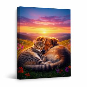 Cuddling Pets Sunset Meadow Framed Canvas Wall Art