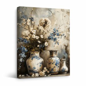 Blue & White Floral Still Life Framed Canvas Wall Art