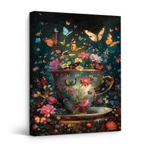 Dreamy Teacup & Butterflies Framed Canvas Wall Art - Ready to Hang