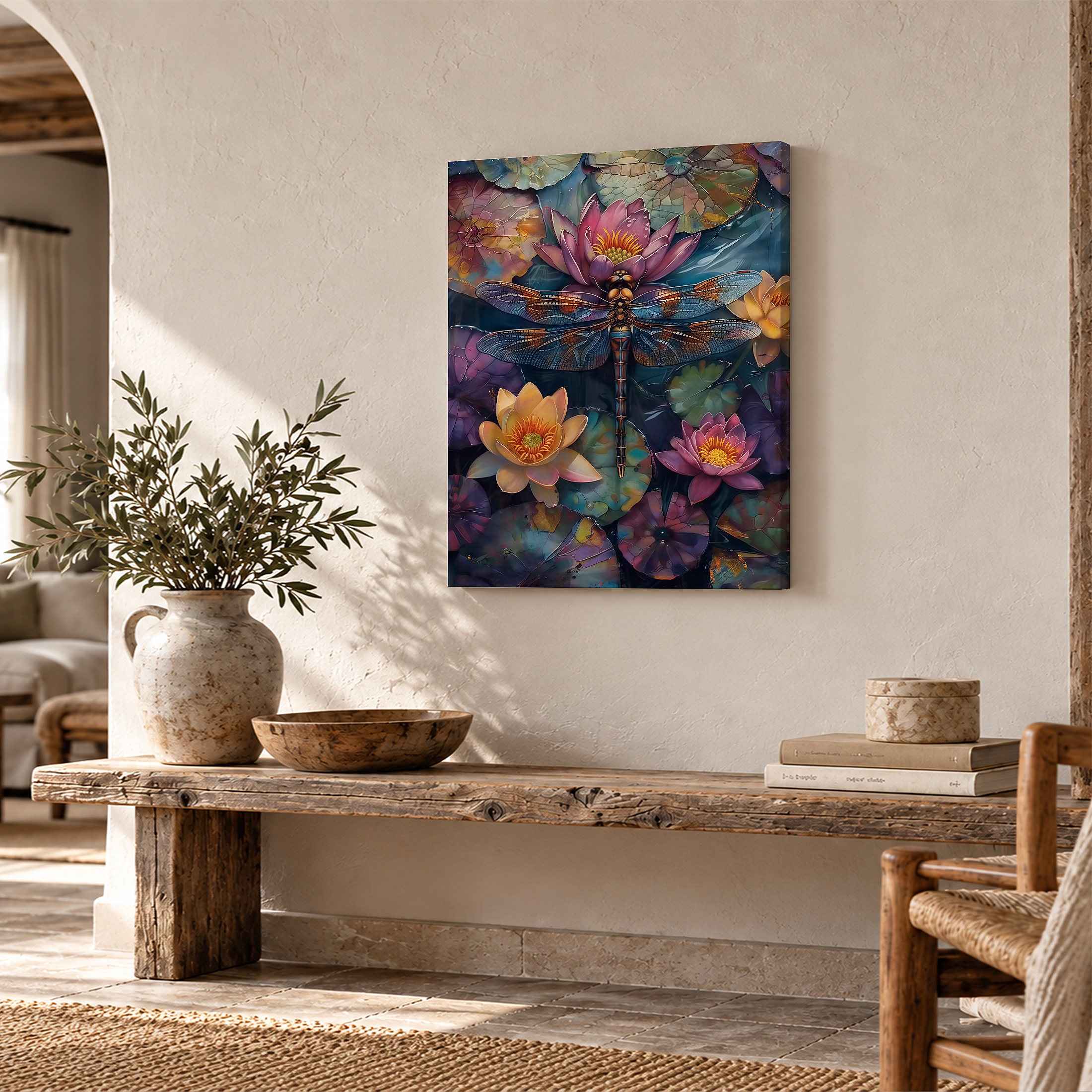 Dragonfly Lotus Flowers Framed Canvas Wall Art - Ready to Hang - Image 2