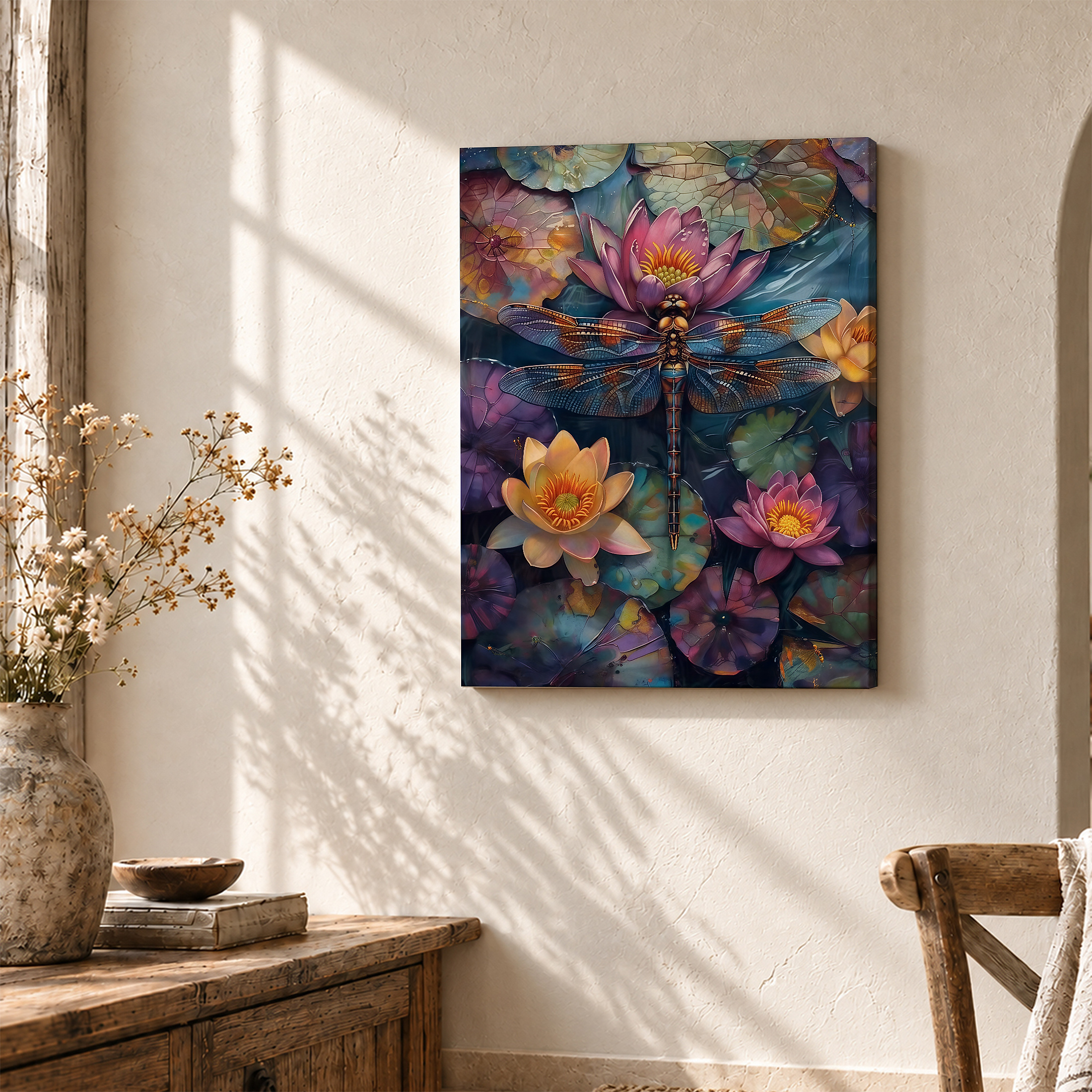 Dragonfly Lotus Flowers Framed Canvas Wall Art - Ready to Hang - Image 3