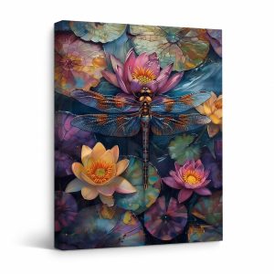 Dragonfly Lotus Flowers Framed Canvas Wall Art - Ready to Hang
