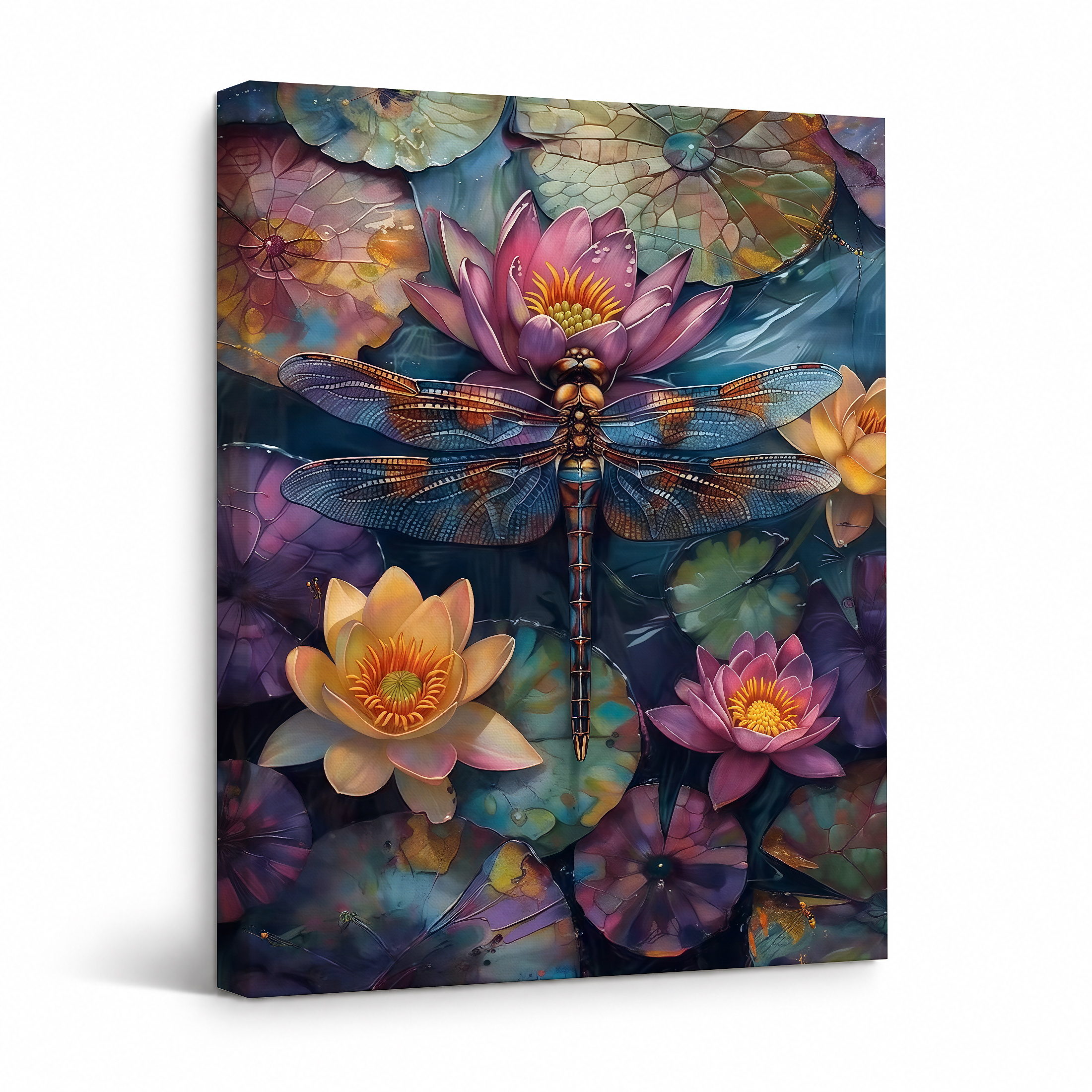 Dragonfly Lotus Flowers Framed Canvas Wall Art - Ready to Hang