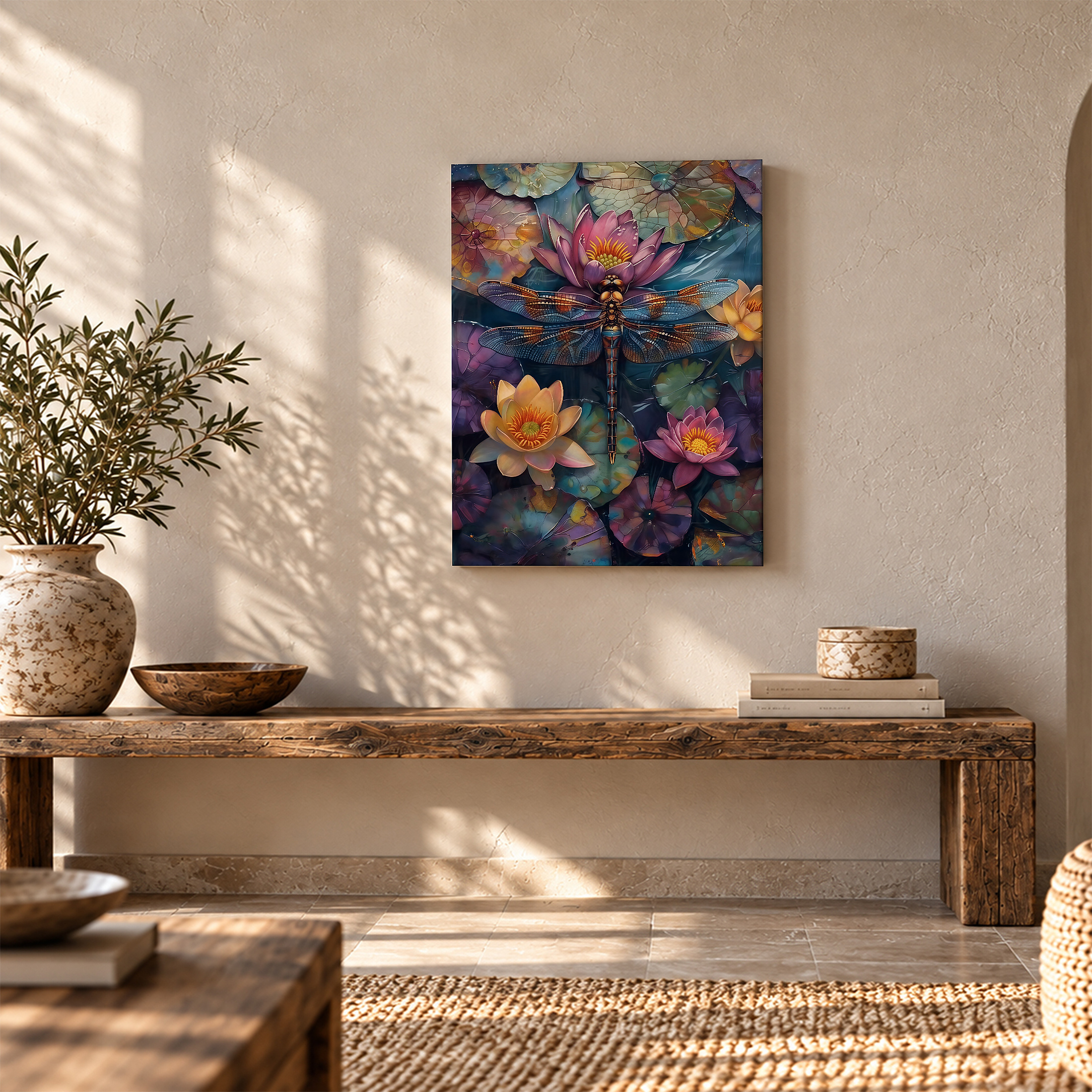 Dragonfly Lotus Flowers Framed Canvas Wall Art - Ready to Hang - Image 5