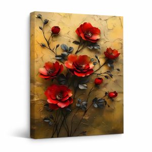 Golden Red Roses Framed Canvas Wall Art Ready to Hang