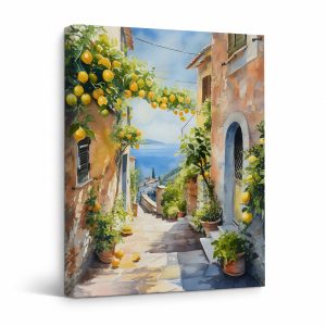 Mediterranean Lemon Alley Watercolor Framed Canvas Wall Art