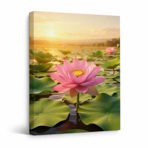Sunset Lotus Bloom Framed Canvas Wall Art - Serene Nature Decor