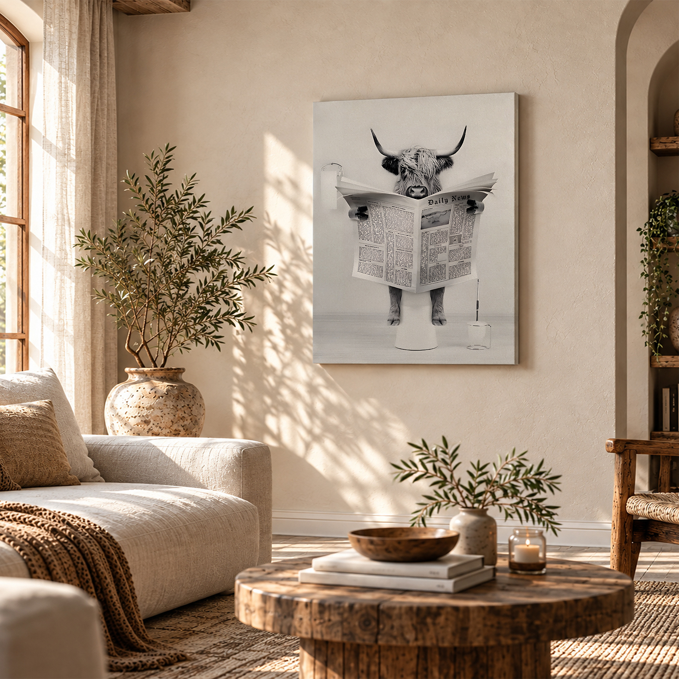 Highland Cow Reading Newspaper Framed Canvas Wall Art - Ready to Hang - Image 4