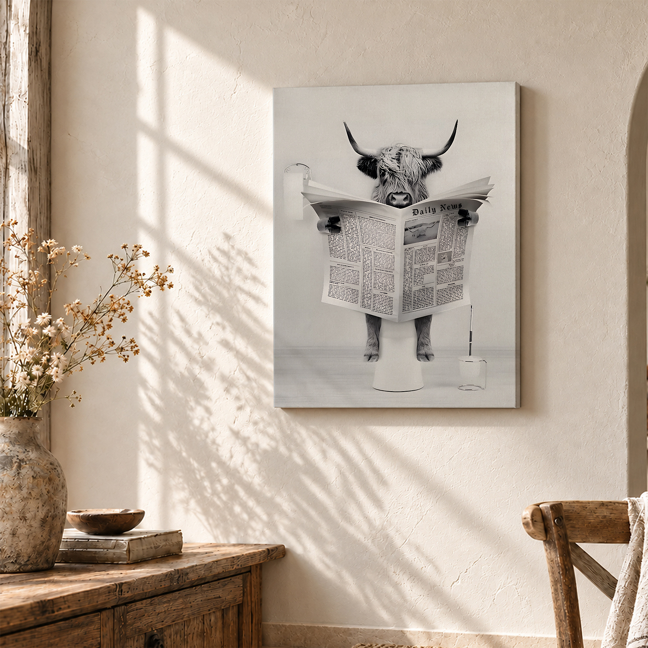 Highland Cow Reading Newspaper Framed Canvas Wall Art - Ready to Hang - Image 3