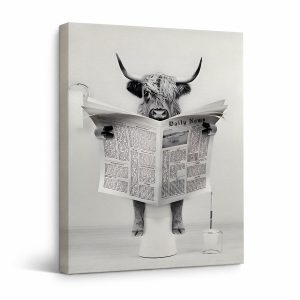 Highland Cow Reading Newspaper Framed Canvas Wall Art - Ready to Hang