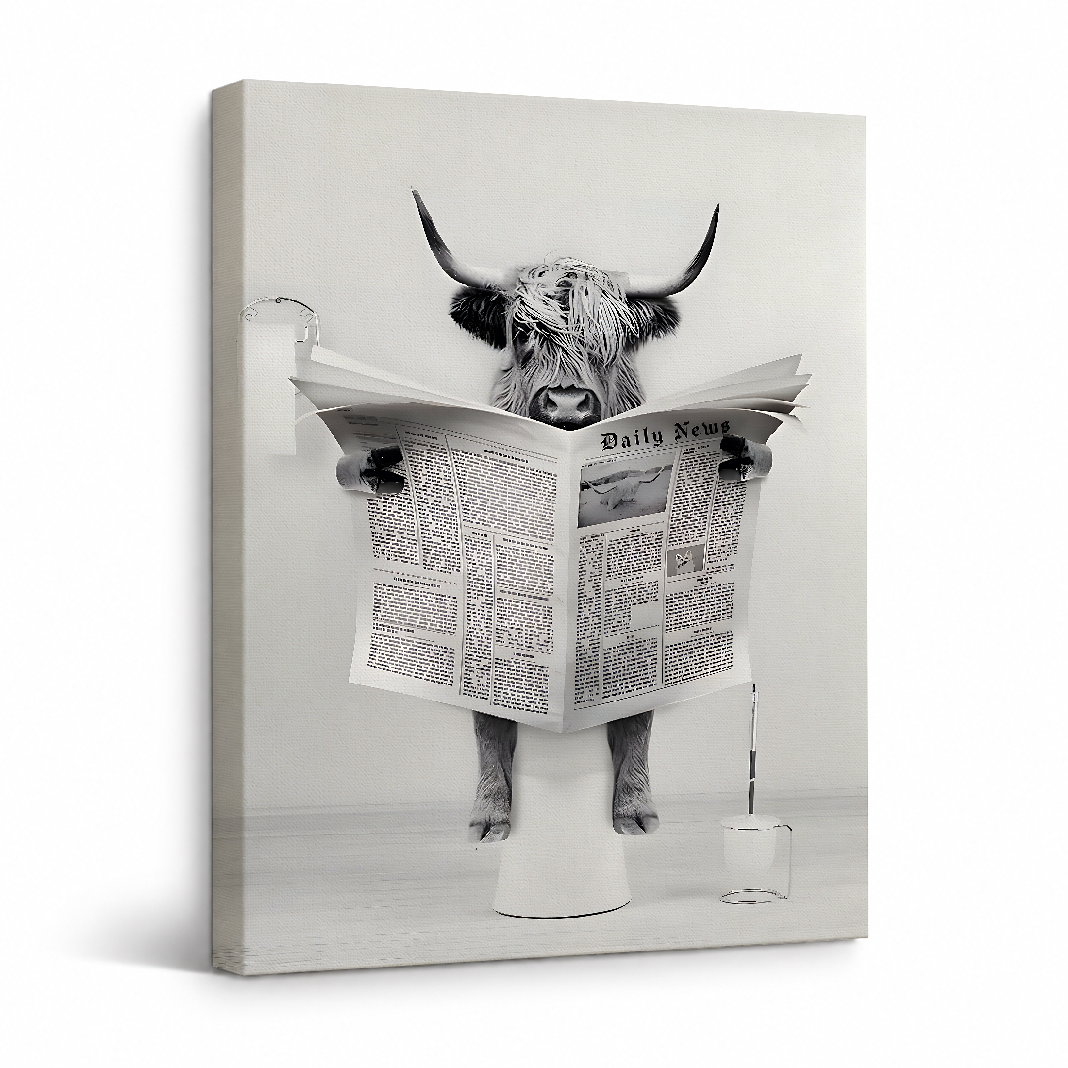 Highland Cow Reading Newspaper Framed Canvas Wall Art - Ready to Hang