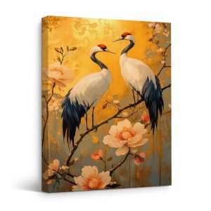 Cranes & Blossoms Framed Canvas Wall Art - Elegant Asian-Inspired Decor