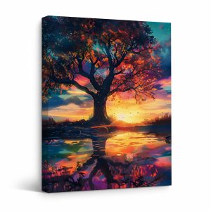 Sunset Tree Reflection Framed Canvas Wall Art - Ready to Hang