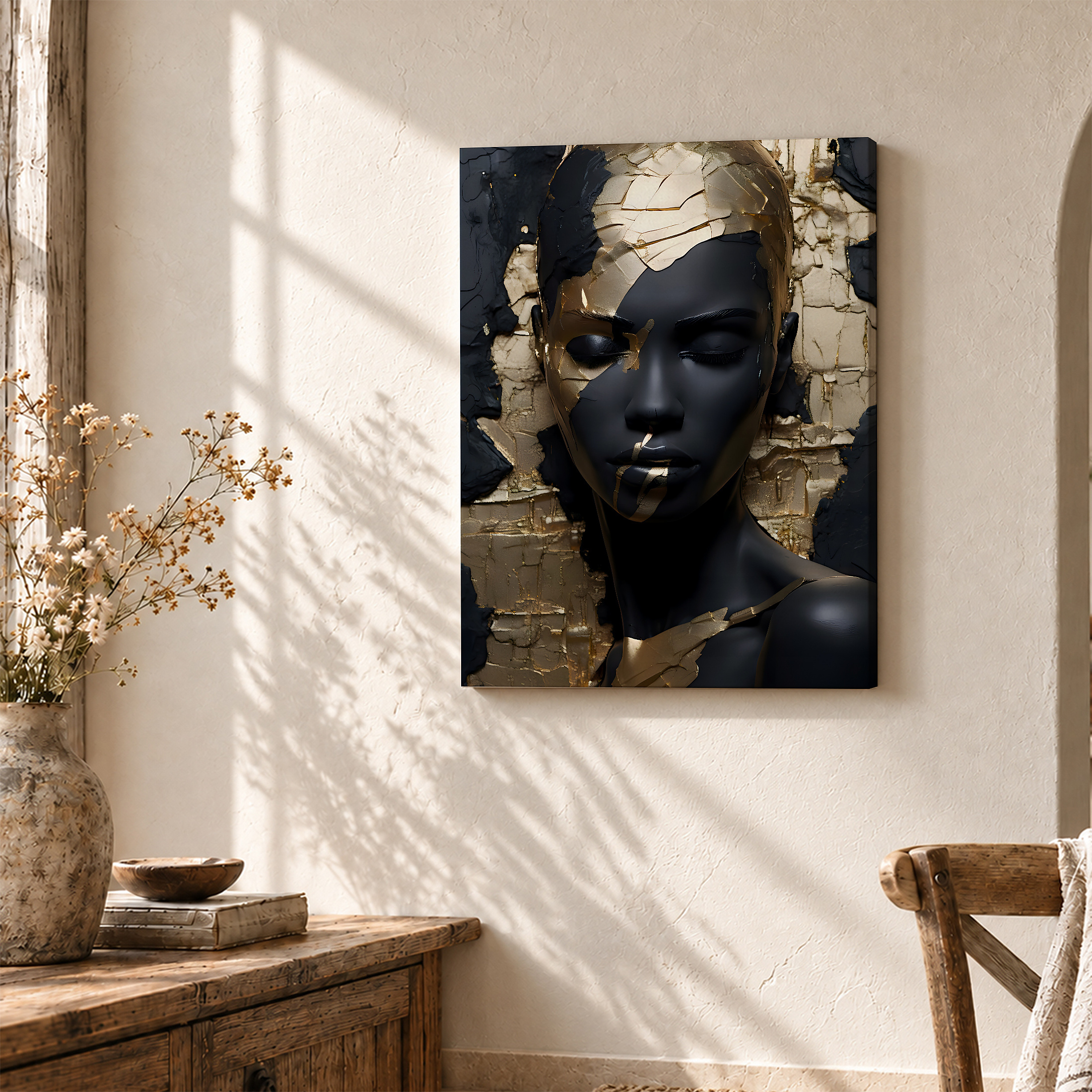 Gold Leaf Black Portrait Framed Canvas Wall Art - Image 3