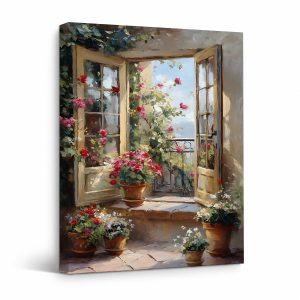 Sunlit French Window Garden Framed Canvas Wall Art - Ready to Hang