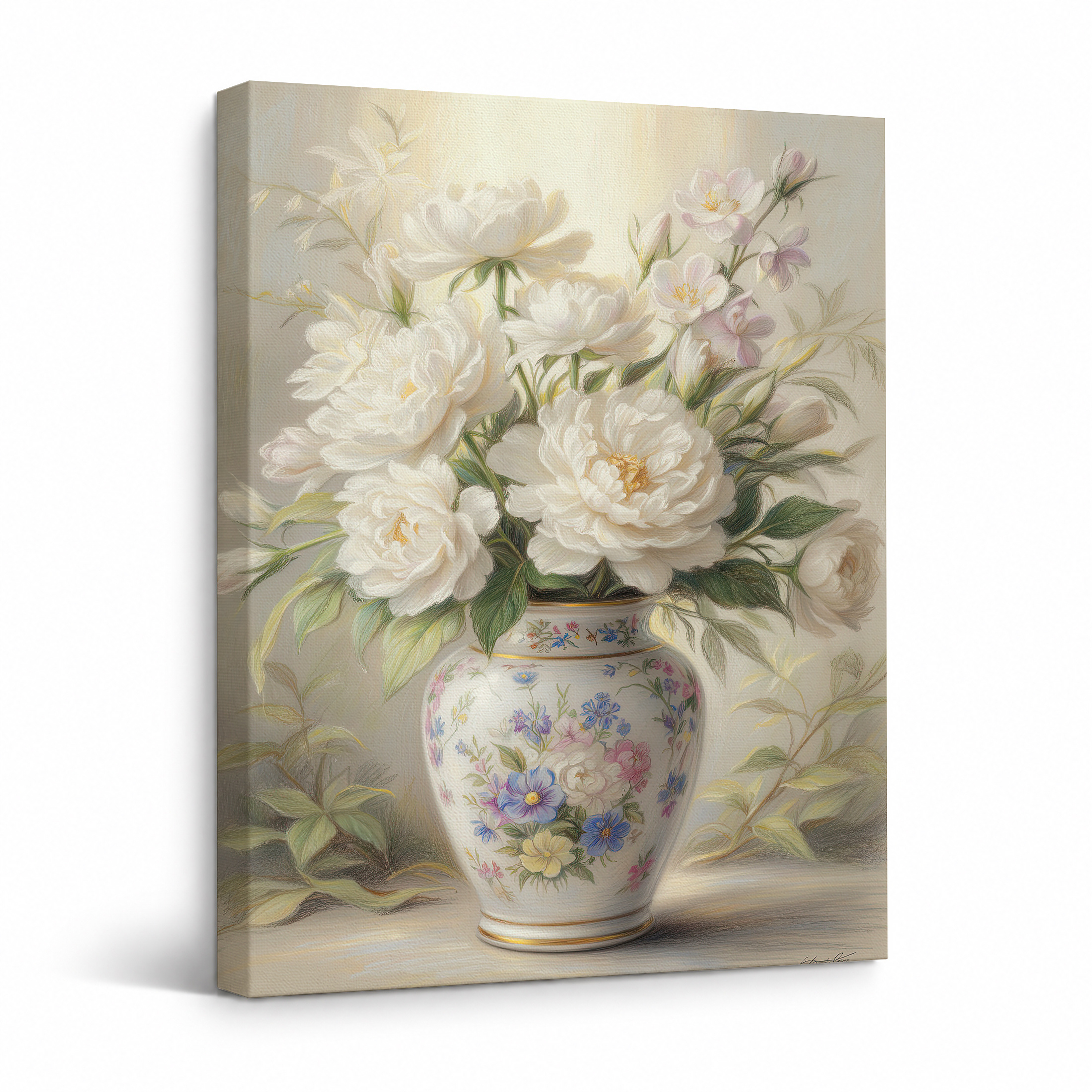 Vintage Floral Still Life Framed Canvas Wall Art - Ready to Hang