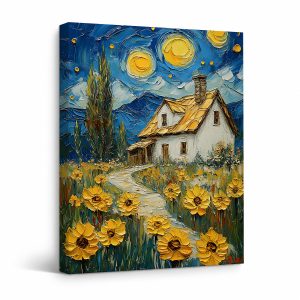 Sunflower Cottage Under Starry Night Framed Canvas Wall Art