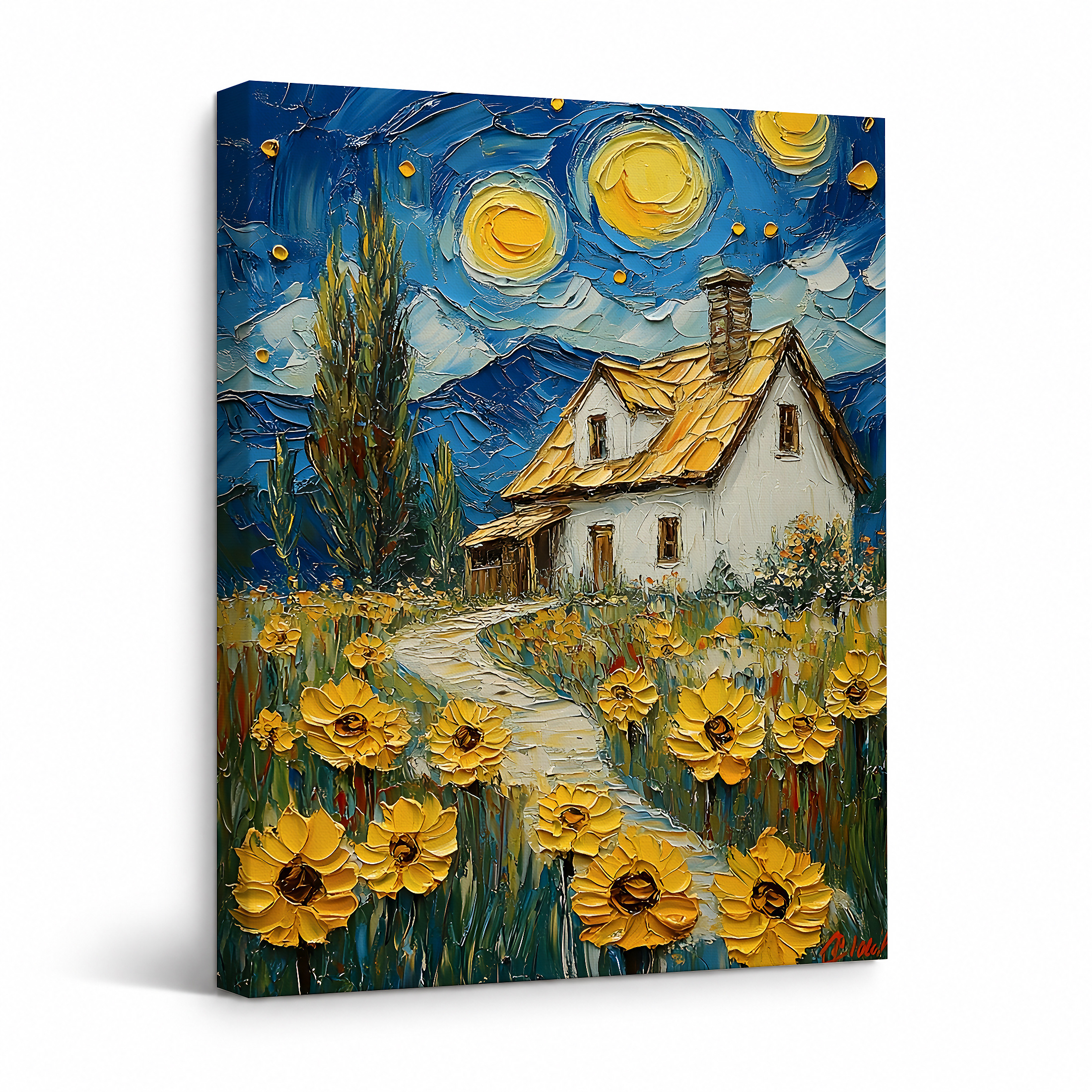 Sunflower Cottage Under Starry Night Framed Canvas Wall Art