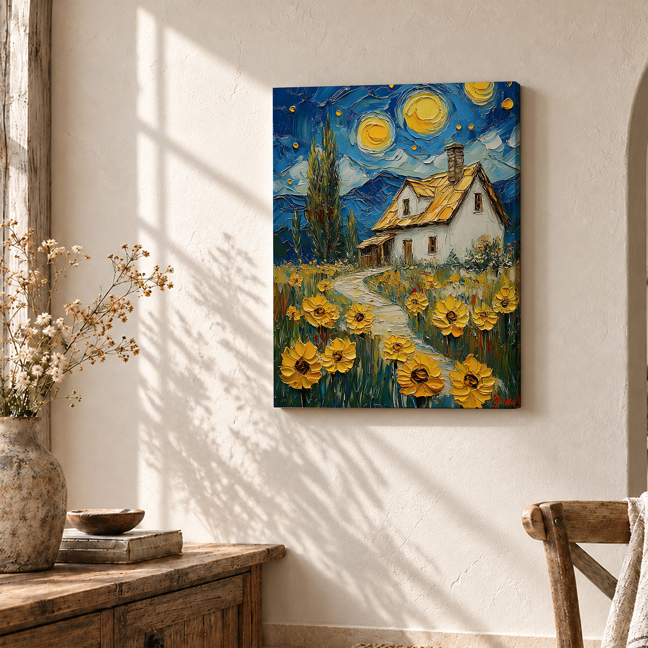 Sunflower Cottage Under Starry Night Framed Canvas Wall Art - Image 3