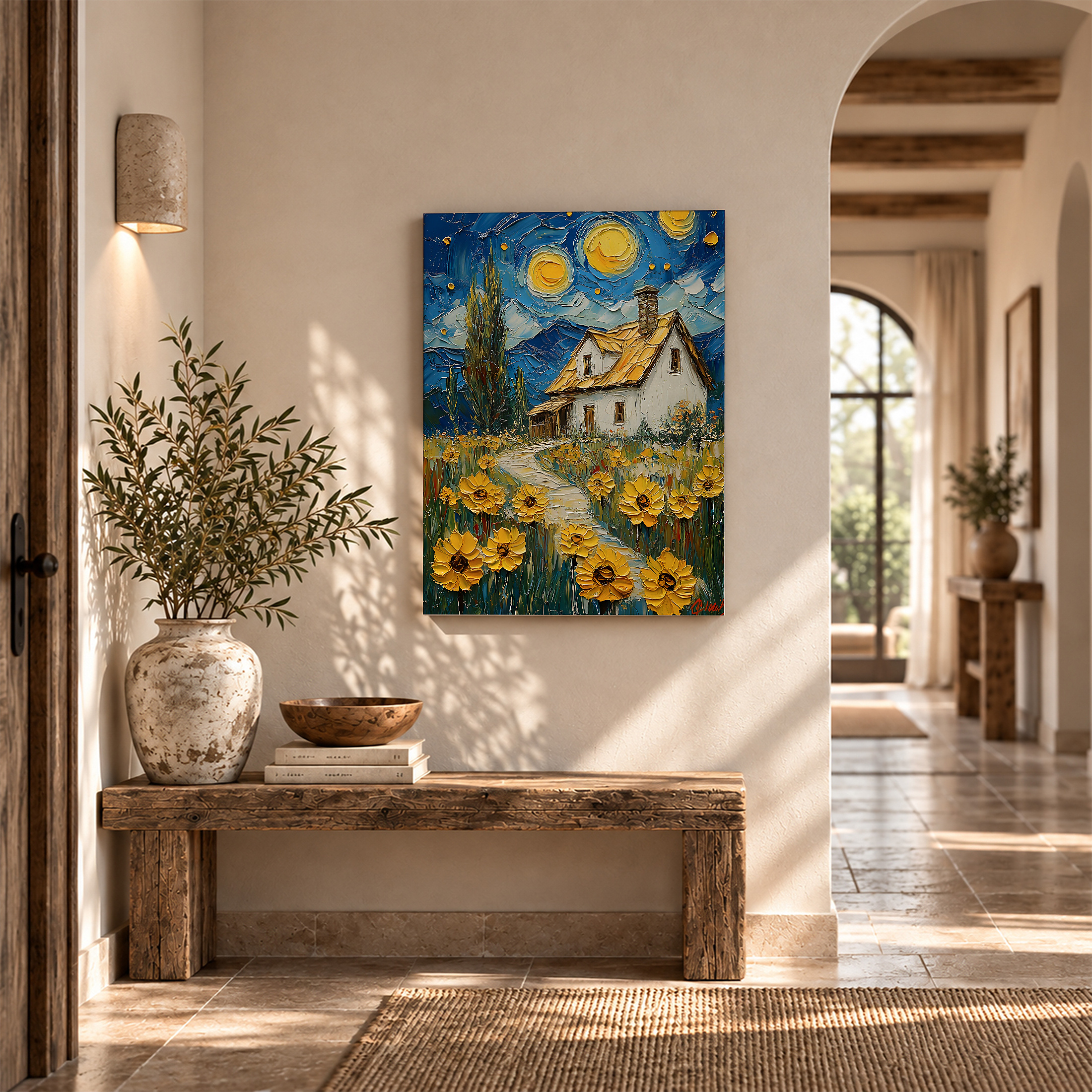 Sunflower Cottage Under Starry Night Framed Canvas Wall Art - Image 6
