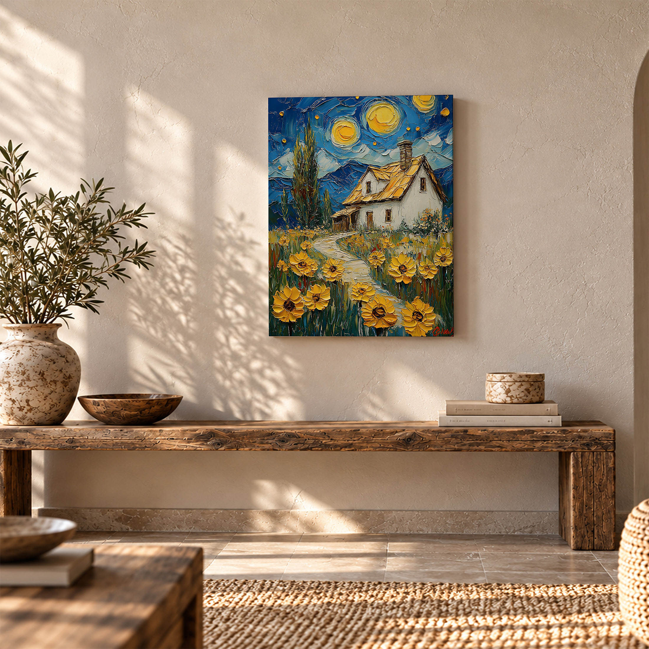 Sunflower Cottage Under Starry Night Framed Canvas Wall Art - Image 5