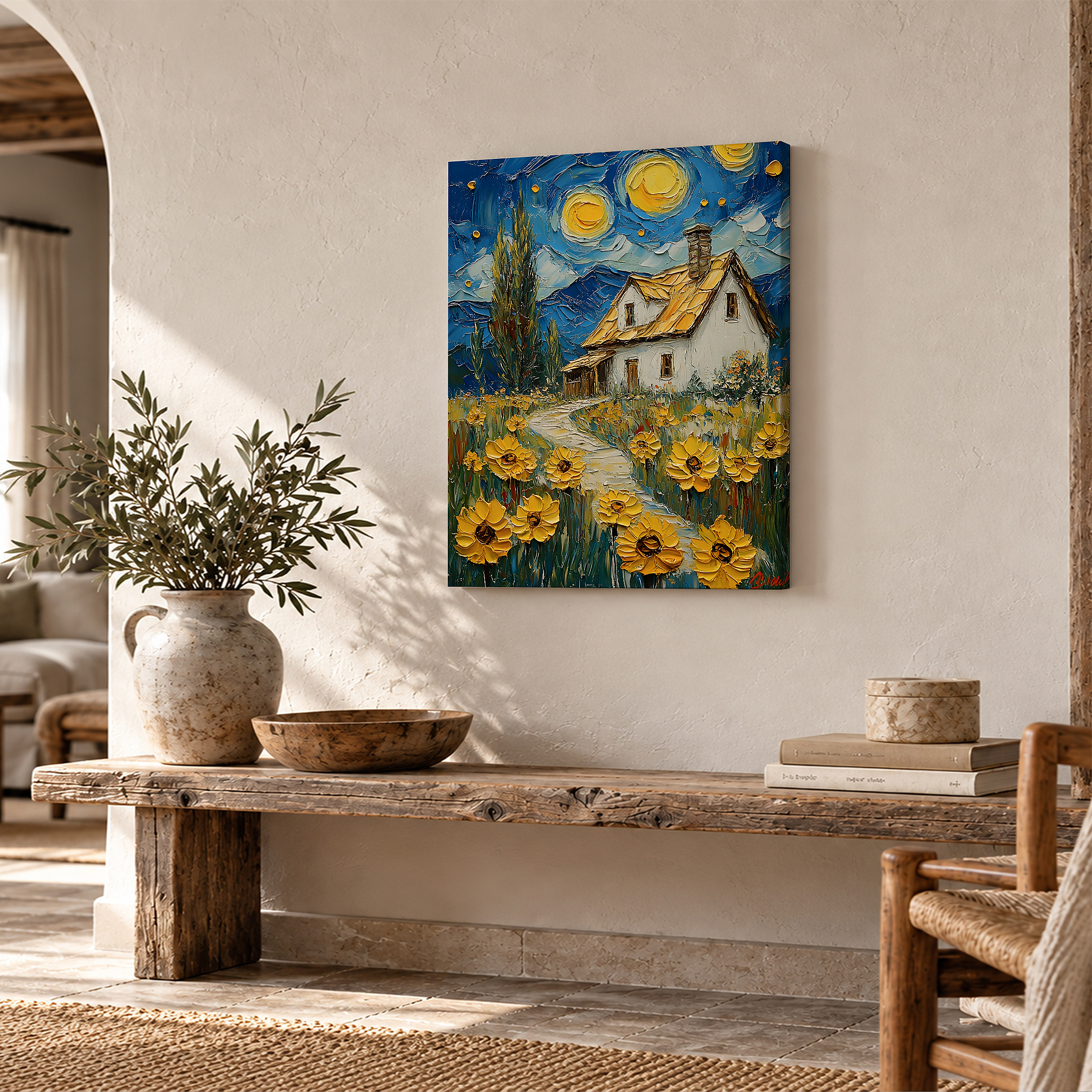 Sunflower Cottage Under Starry Night Framed Canvas Wall Art - Image 2