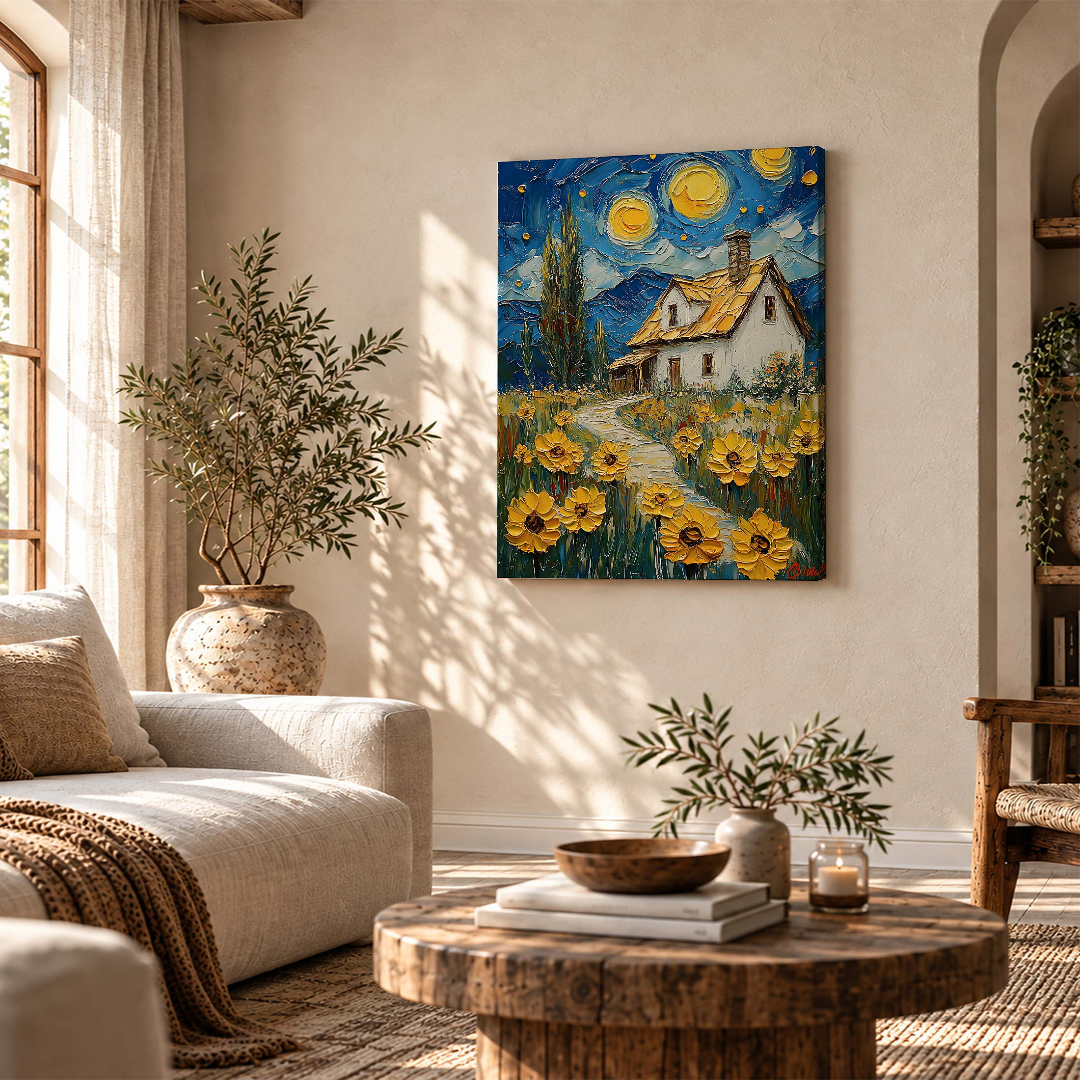 Sunflower Cottage Under Starry Night Framed Canvas Wall Art - Image 4