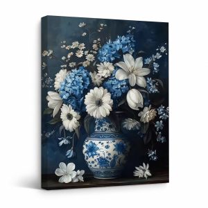 Blue and White Floral Still Life Framed Canvas Wall Art