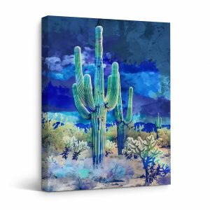 Dreamy Blue Desert Watercolor Cactus Framed Canvas Wall Art