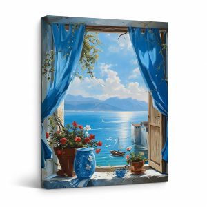 Mediterranean Sea View Window Scene Framed Canvas Wall Art
