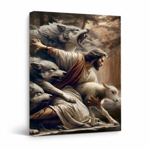 Jesus Protecting Lamb from Wolves Framed Canvas Wall Art - Ready to Hang