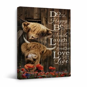 Highland Cattle Rustic Barn Framed Canvas Wall Art - Inspirational Farm Decor
