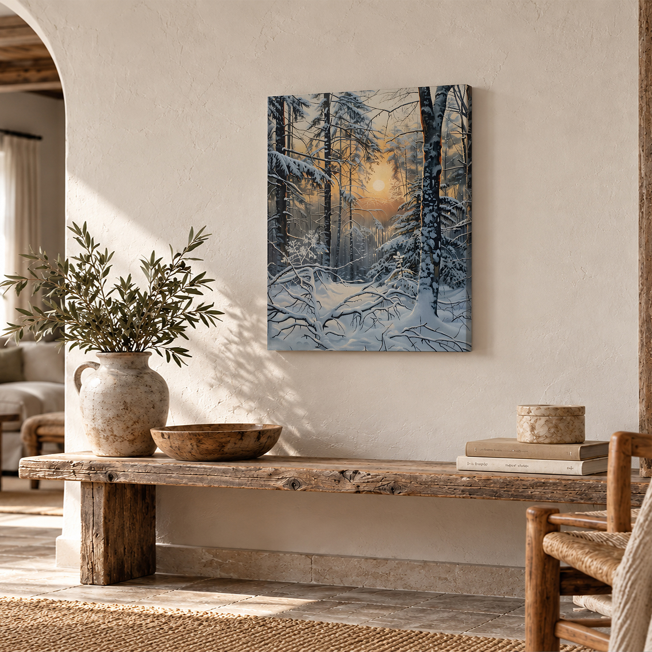 Snowy Forest Sunrise Framed Canvas Wall Art - Ready to Hang - Image 2