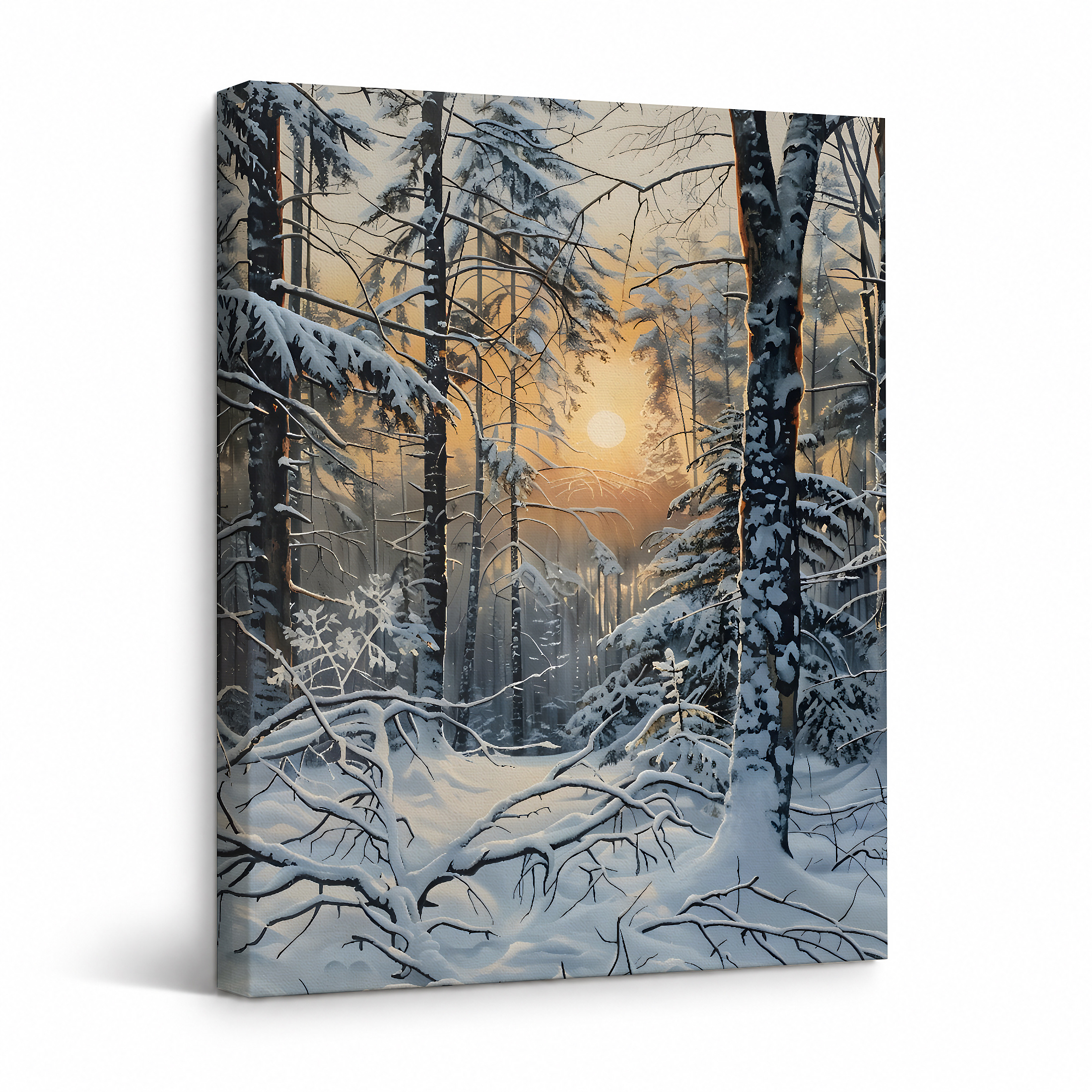 Snowy Forest Sunrise Framed Canvas Wall Art - Ready to Hang