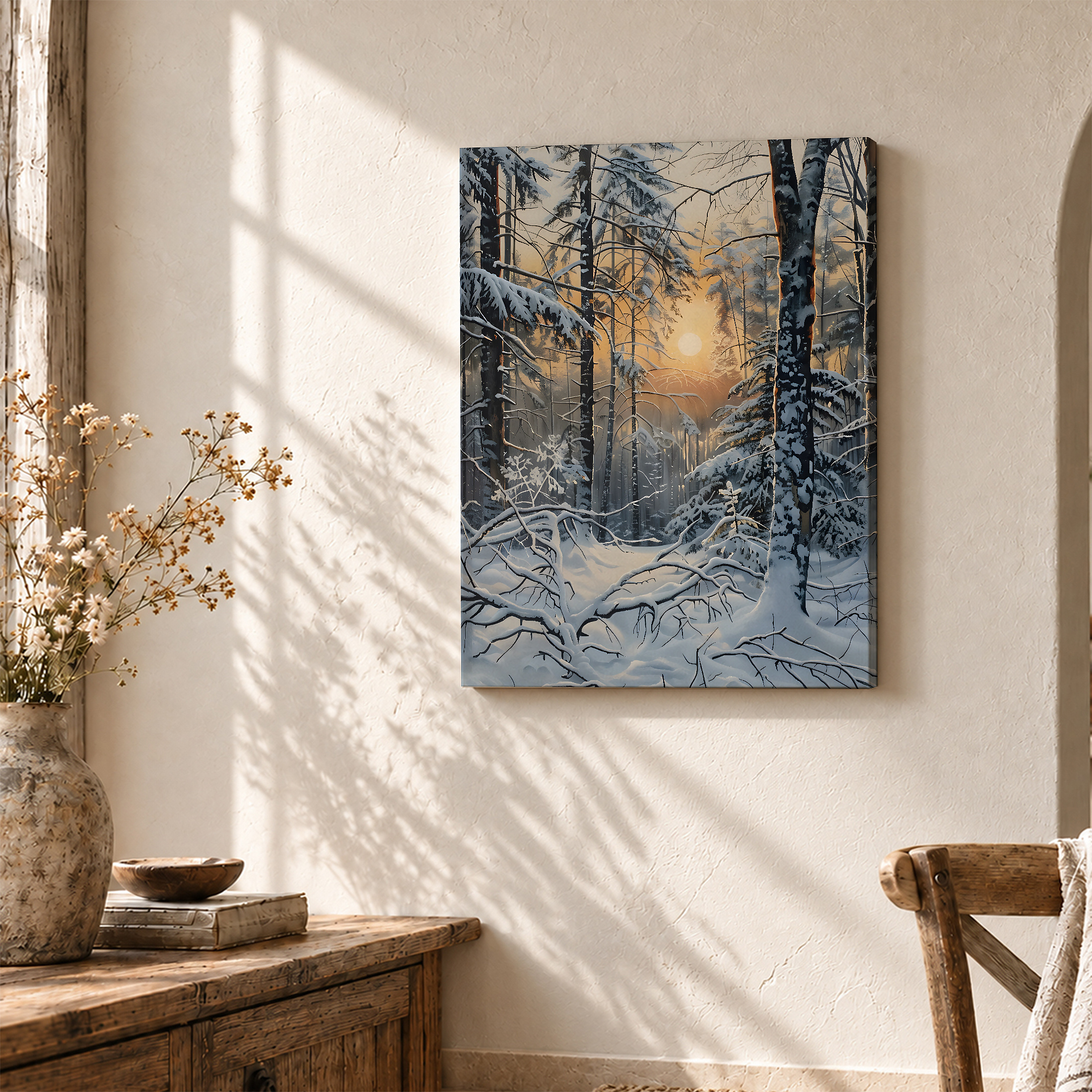 Snowy Forest Sunrise Framed Canvas Wall Art - Ready to Hang - Image 3