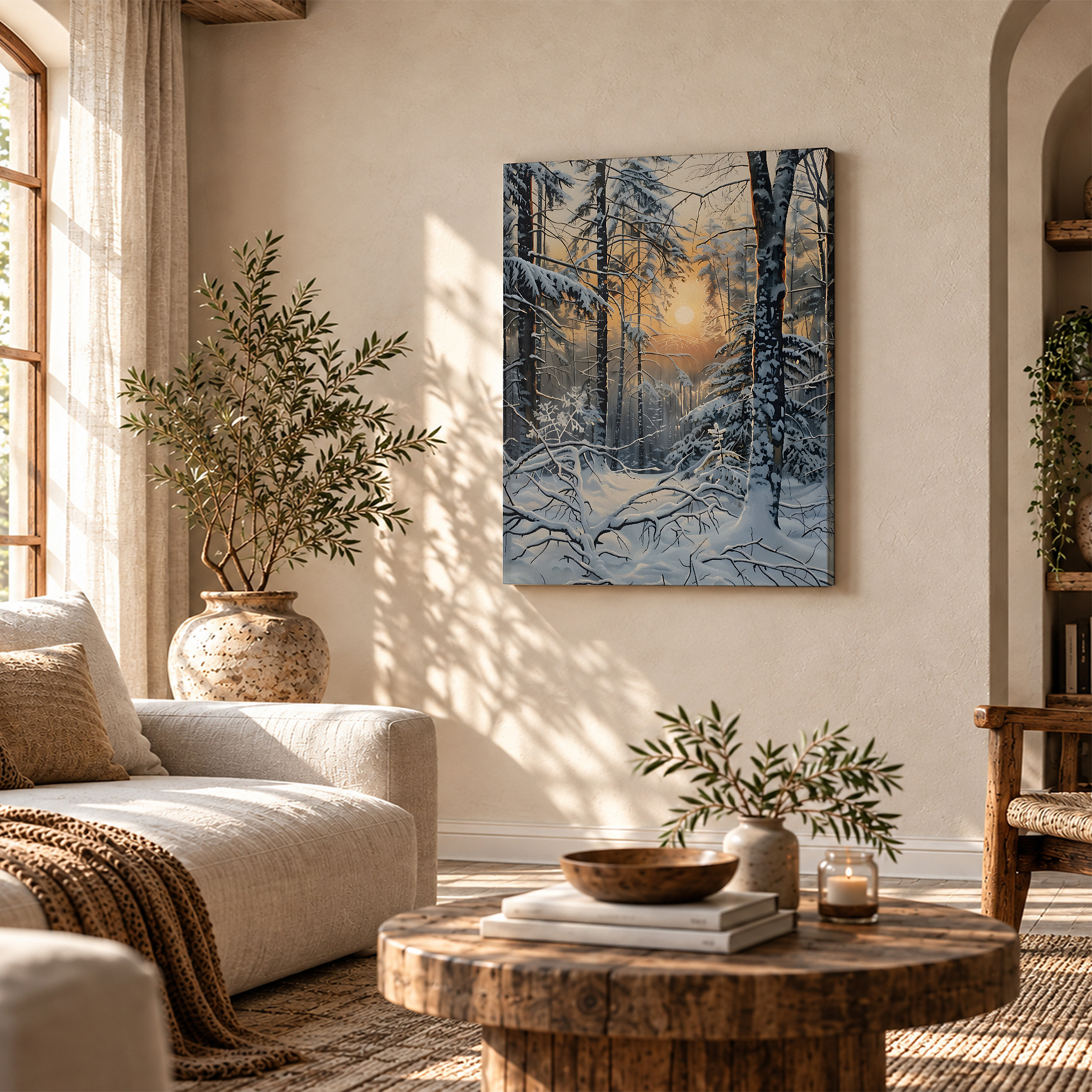 Snowy Forest Sunrise Framed Canvas Wall Art - Ready to Hang - Image 4