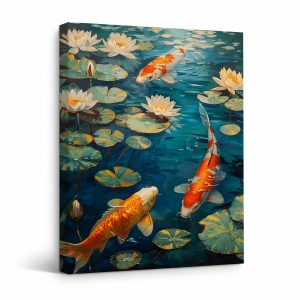 Koi Fish & Lotus Pond Framed Canvas Wall Art - Ready to Hang